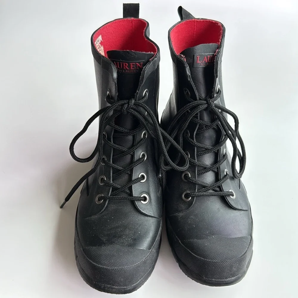 Lauren Ralph Lauren Mikenna-Bo-Rai Black Rubber Lace Up Ankle Rain Boots 7